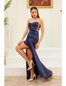 Carmen Navy Blue Satin Tie Long Evening Dress And Invitation Dress