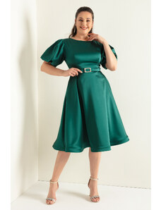 Lafaba Γυναικείο Σμαραγδένιο Πράσινο Μπαλόνι Μανίκι Πέτρα Belted Plus Size Σατέν Βραδινό Φόρεμα