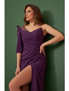 Carmen Damson Crepe One-Shoulder Long Evening Dress And Invitation Dress
