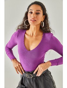 Olalook Women's Purple Deep V-Neck Waistband Six Studs Lycra Bodysuit