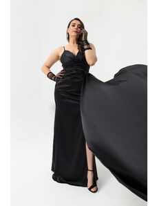 Lafaba Γυναικείο Μαύρο Plus Size Μακρύ Σατέν Βραδινό Φόρεμα &; Φόρεμα χορού