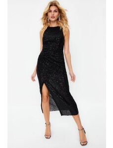 Trendyol Black Fitted Knitted Shiny Sequin Sequined Elegant Evening Dress