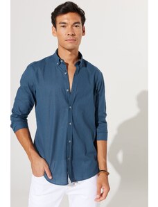 AC&Co / Altınyıldız Classics Men's Dark Petrol Slim Fit Buttoned Collar Linen Look 100% Cotton Flared Shirt