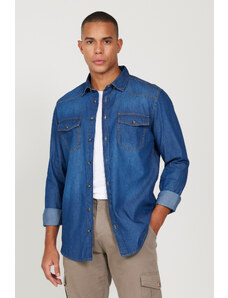 AC&Co / Altınyıldız Classics Men's Blue Slim Fit Slim-Fit Cut Collar Hidden Buttons 100% Cotton Denim Shirt.