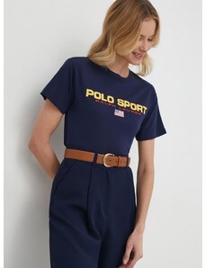 Βαμβακερό μπλουζάκι Polo Ralph Lauren γυναικεία, χρώμα: ναυτικό μπλε