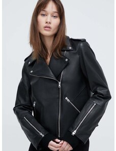 Δερμάτινο jacket HUGO γυναικεία, χρώμα: μαύρο