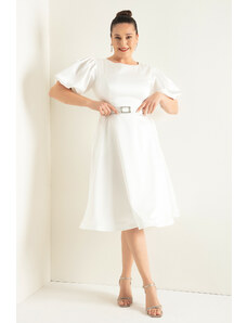 Lafaba Γυναικείο Λευκό Μπαλόνι Μανίκι Πέτρα Belted Plus Size Σατέν Βραδινό Φόρεμα