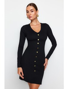 Trendyol Μαύρο V-Neck Πλεκτό Μίνι Φόρεμα με Λεπτομέρεια Κουμπιού Interlock