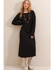 Trend Alaçatı Stili Women's Black Bateau Neck Wool-Effect Sweater Dress