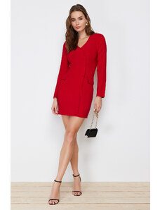 Trendyol κόκκινο τσέπη λεπτομερής κουμπωμένο υφαντό σακάκι υφαντό φόρεμα