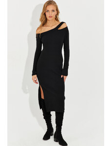 Cool & Sexy Γυναικεία Μαύρο Ασύμμετρο Κολάρο Παράθυρο Σχισμή Midi φόρεμα