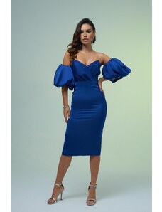 Carmen Saxe Blue Balloon Sleeve Short Evening Dress