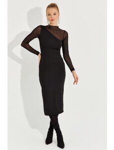 Cool & Sexy Γυναικεία Πρωτοχρονιά Μαύρο Τούλι Λεπτομερές Ασύμμετρο Midi φόρεμα