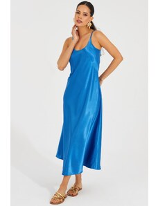 Cool & Sexy Women's Indigo Satin Strap Midi Dress