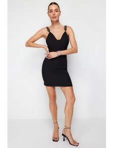 Trendyol Black Body-Sitting Stylish Evening Dress with Woven Accessories