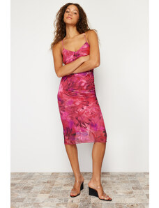 Trendyol Fuchsia Floral Printed Strappy Gathered Tulle Knitted Midi Dress