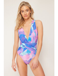 Trendyol Abstract Patterned Deep Low-cut Draped Regular Swimsuit