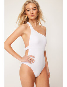 Trendyol White One Shoulder Gathered Textured High Leg Regular Swimsuit