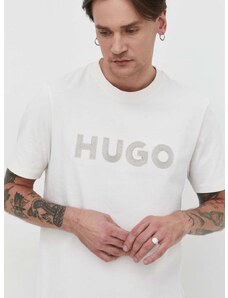 Βαμβακερό μπλουζάκι HUGO ανδρικά, χρώμα: μπεζ