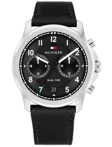 TOMMY HILFIGER Wesley Dual Time - 1710624, Silver case with Black Leather Strap