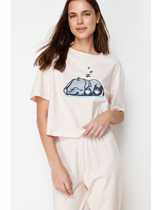 Trendyol Powder 100% Cotton Elephant Printed Knitted Pajamas Set