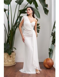 Carmen Chiffon Ecru One-Shoulder Long Wedding Dress with a Slit