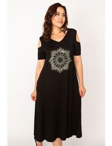 Şans Women's Plus Size Black Viscose Dress With Open Shoulders and Open Back Detail.