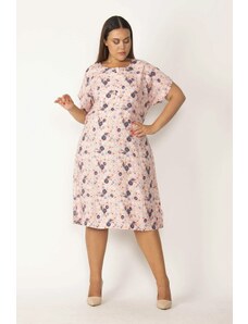 Şans Women's Plus Size Salmon Woven Viscose Fabric Dress with Buttons and Belts at the Waist.