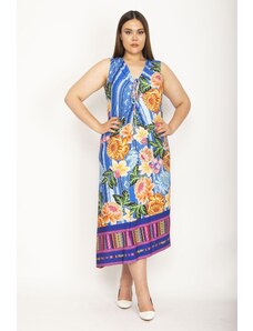 Şans Women's Plus Size Colorful Ruffle And Lace Detail Both. Slant-Cut Colorful Dress