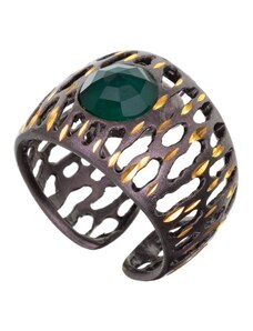 Χειροποίητο δαχτυλίδι Paraxenies από μαύρο πλατινωμένο ασήμι 925 με πράσινη πέτρα αχάτη
