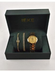 ΙΕΚΕ-6128 Γυναικείο σετ χρυσό ρολόι χειρός και δύο βραχιόλια σε κουτάκι