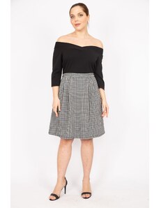 Şans Women's Black Plus Size Collar Detailed Skirt Crowbarn Patterned Belted Dress