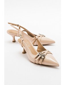 LuviShoes WOSS Beige Patent Leather Belt Detail Women's Heeled Shoes