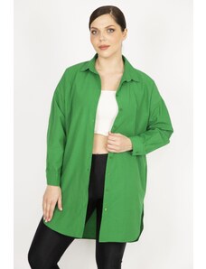 Şans Women's Green Plus Size Front Buttoned Hem Oval Cut Long Shirt
