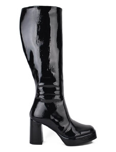 My way shoes Μαύρη λουστρίν γυναικεία μπότα με τακούνι