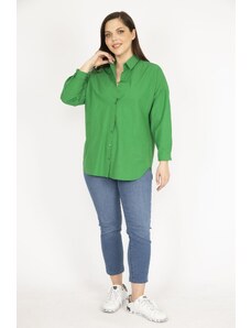 Şans Women's Green Plus Size Front Buttoned Cuffed Shirt