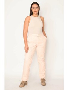 Şans Women's Plus Size Pink Lycra Canvas Trousers with Attached Pocket Detail