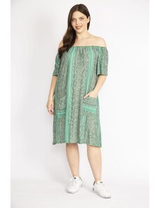 Şans Women's Green Plus Size Collar Elastic Detailed Front Pocket Dress