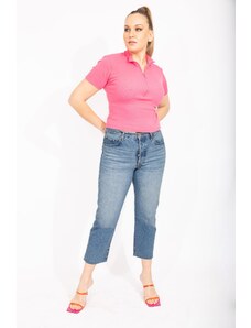 Şans Women's Blue Plus Size Wash Effect Leg Dirty Stitched Ankle-Length 5 Pocket Jeans