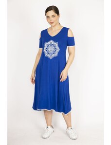 Şans Women's Saxe Plus Size Decollete Embroidered Dress
