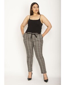 Şans Women's Colorful Checker Pattern Trousers with Side Pockets and Back Float with Ornamental Pocket Faux Leather Belt Detail