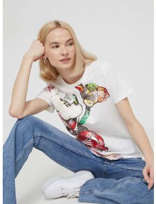Βαμβακερό μπλουζάκι Desigual x Disney γυναικείο, χρώμα: άσπρο