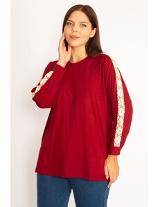 Şans Women's Plus Size Claret Red Blouse with Lace Detail