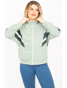 Şans Women's Plus Size Green 2 Thread Fabric Sweatshirt With Zipper And Stripe Detail At The Front