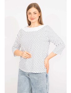 Şans Women's White Plus Size Cotton Fabric Collar With Ornamental Buckle, Points Patterned Blouse