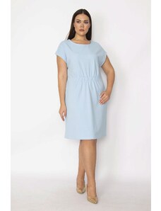Şans Women's Plus Size Blue Front Waist Elastic Detailed Low-Sleeve Dress