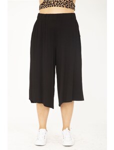 Şans Women's Large Size Black Wide Leg Elastic Waist Side Pocket Viscose Capri