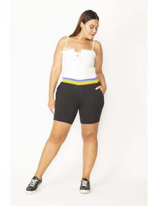 Şans Women's Plus Size Black Cotton Fabric Colorful Elastic Pocket Shorts