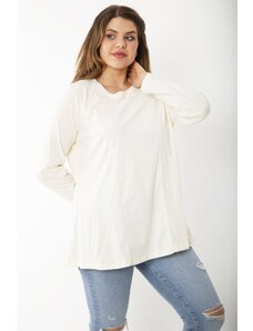 Şans Women's Plus Size Bone Cotton Fabric Cup Detail Long Sleeve Blouse