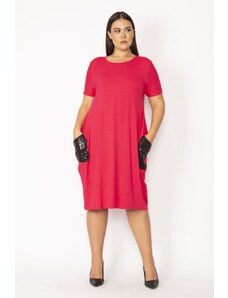 Şans Women's Plus Size Fuchsia Pocket Sequin Detail Viscose Dress